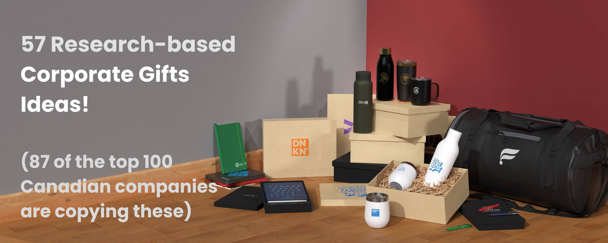 Corporate gift ideas for employees: branded mugs, tumblers, bottles, gift boxes, notebooks, and duffel bags.