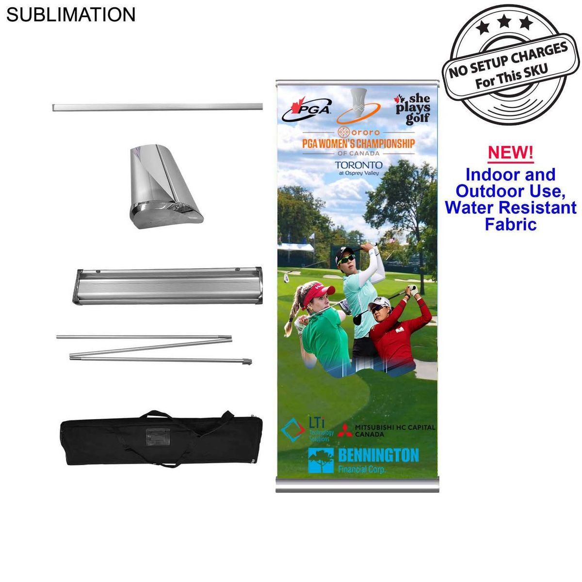 Sublimated Heavy Fabric Deluxe Wide Base Retractable Pull Up Banner, Stand and Bag, (33.5"x79")