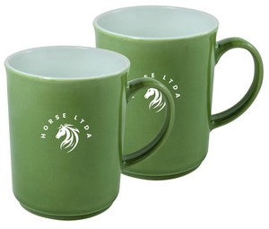 ~ Cyprus 2tone green/white 14oz mug set of 2 in Jet Gift box