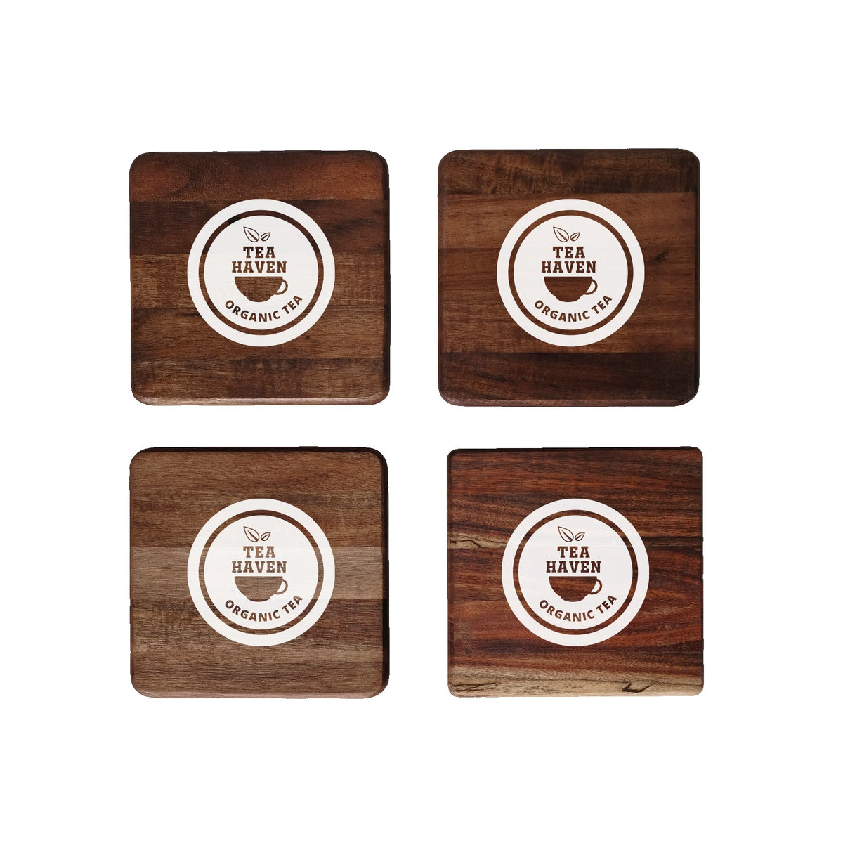 4 Pc. Acacia Wood Square Coaster Set with Black Metal Stand
