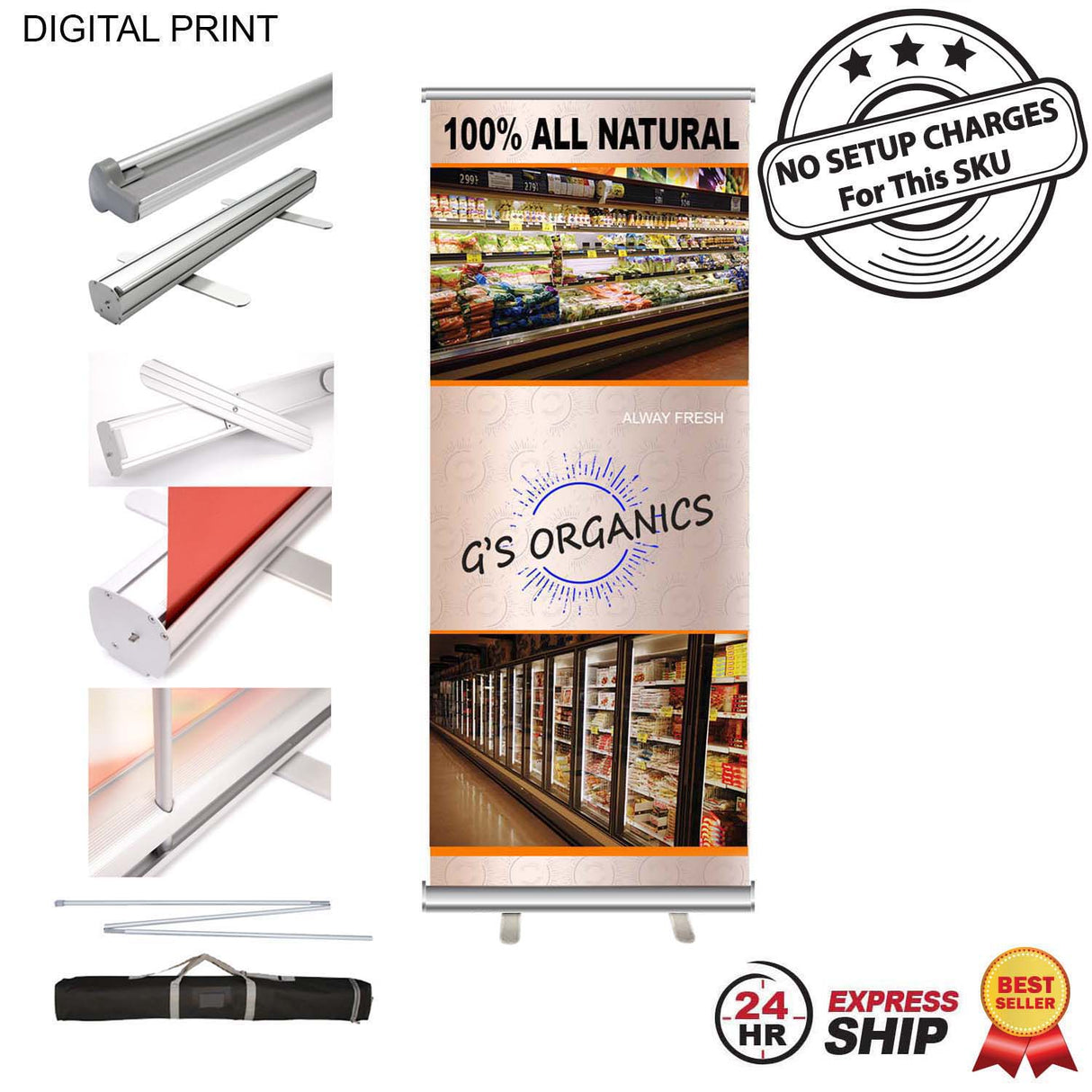 24 Hr Express Ship - Premium Retractable Banner w/Graphics, Stand & Bag, NO SETUP CHARGE (33.5"x79")