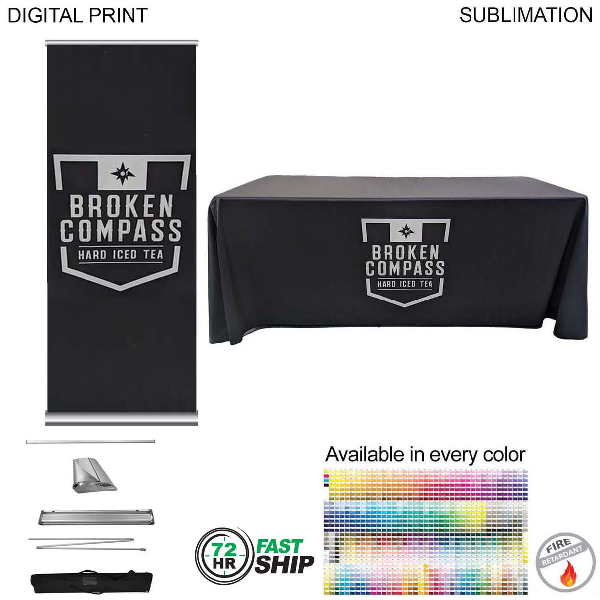 72Hr Fast Ship- Deluxe Trade Show Package, Deluxe Retractable Banner + Premium Sublimated Tablecloth