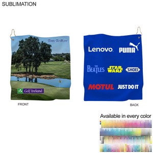 Microfiber Suede Shammy Golf Towel, Finished size 15x15, Nofold Grommet & Hook, Sublimated 2 sides