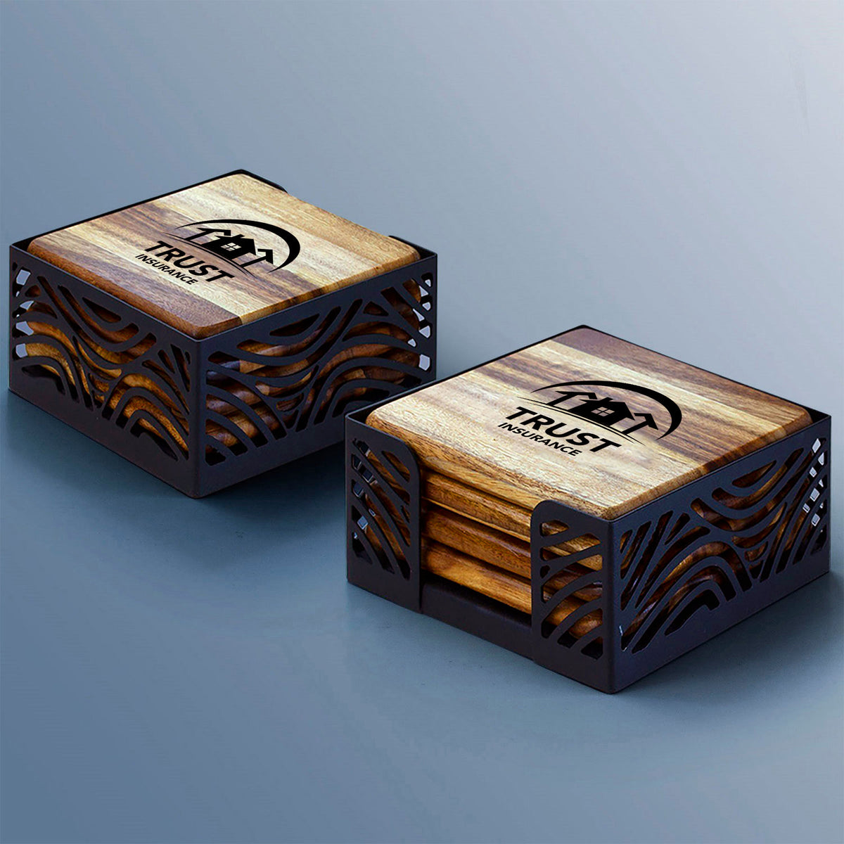 4 Pc. Acacia Wood Square Coaster Set with Black Metal Stand