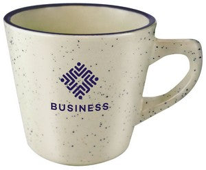 Browning 7oz cream colour ceramic mug with blue speckles and rim