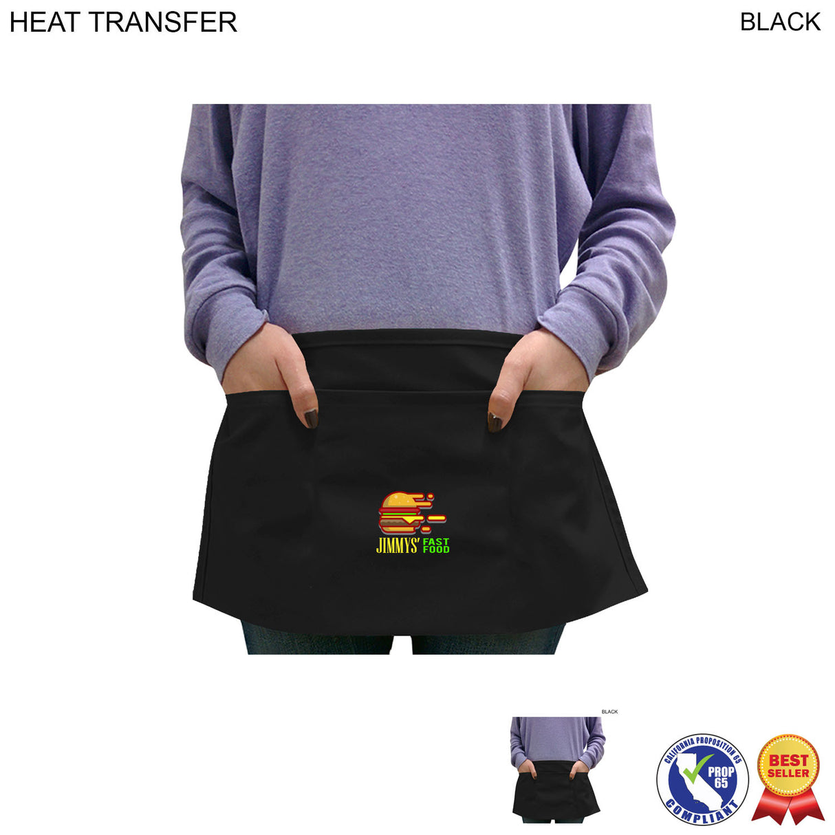 Bar Twill Waist Apron, 20x10, 3 Pockets, Heat Transfer logo, Stocked in Black
