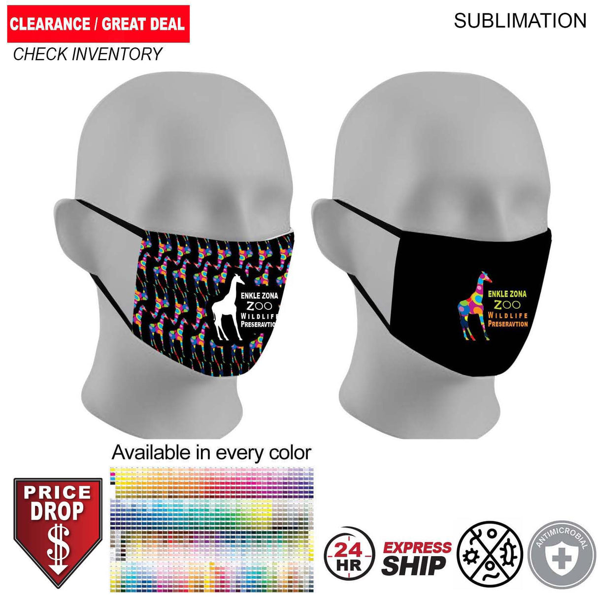 24 Hr Express Ship - Sublimated 2ply Antimicrobial Cloth Face mask available in EVERY COLOR