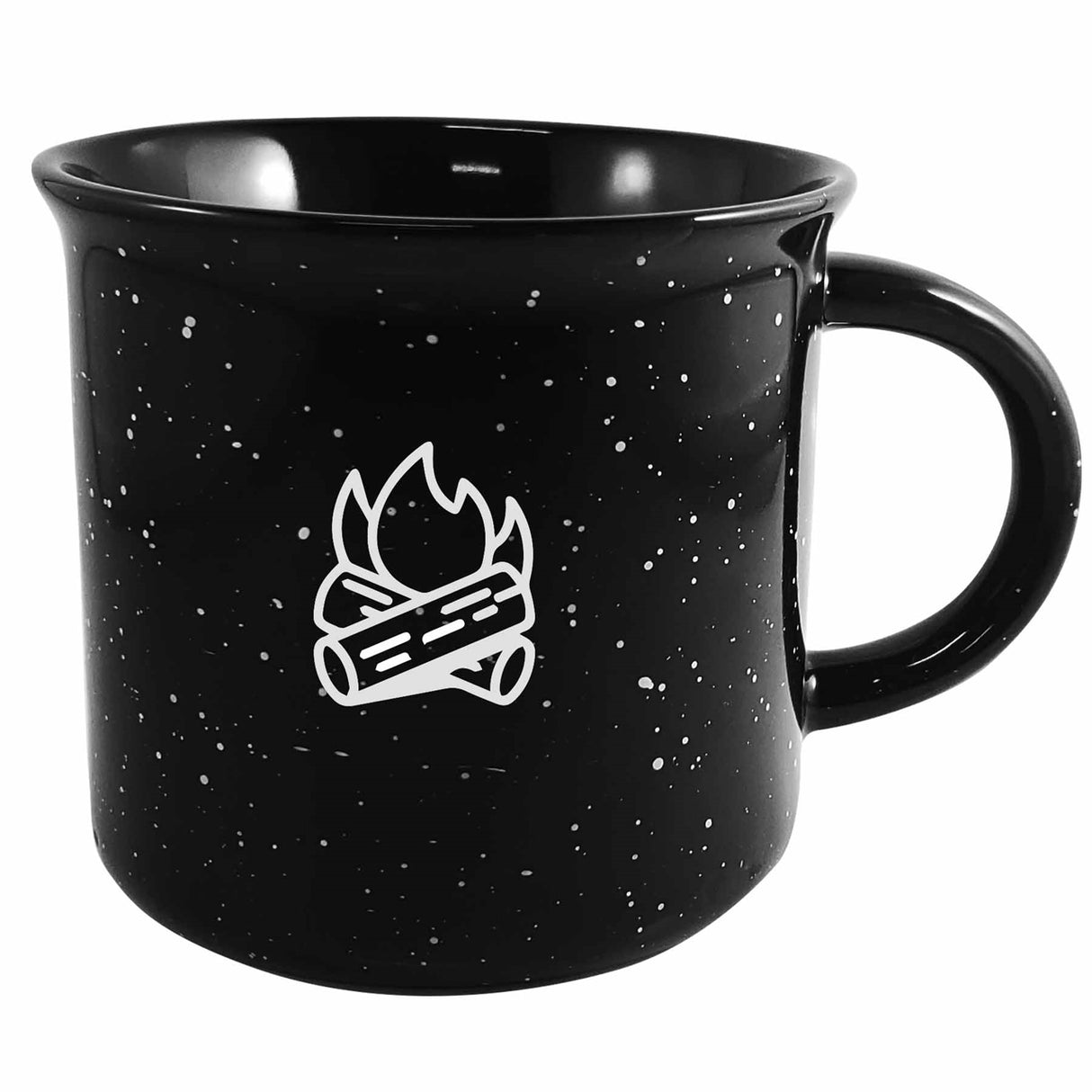 Campfire 16oz black mug with black distress trim white speckles in Ripple gift box