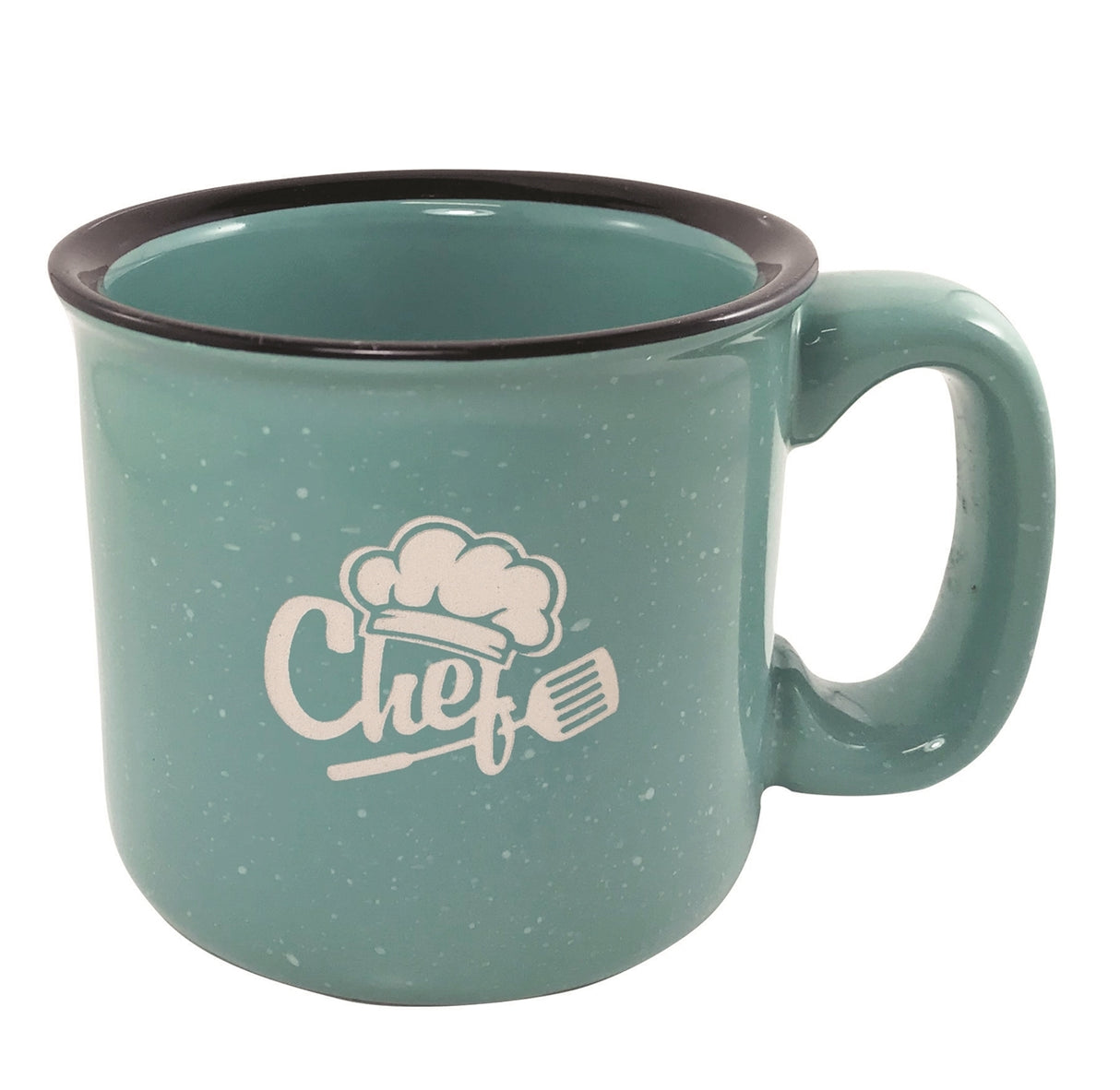 Santa Fe 15oz speckled/aqua mug with black rim - Etched