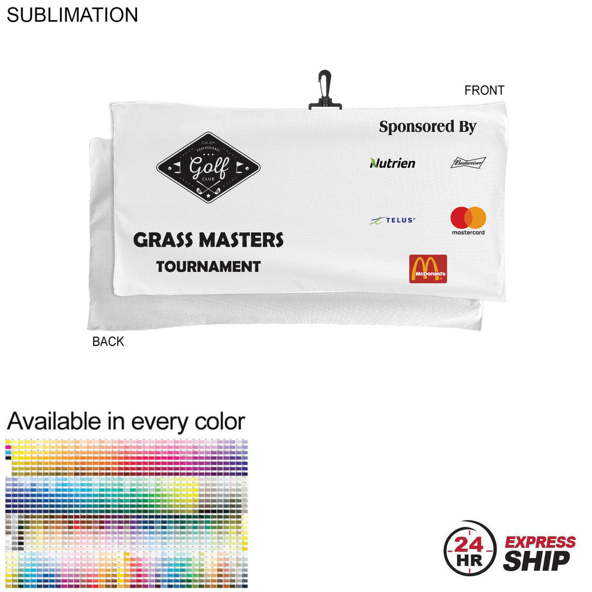 24 Hr Express Ship - Oversized Golf Towel in Microfiber Terry, 22x44, with Black Hook, Sublimated