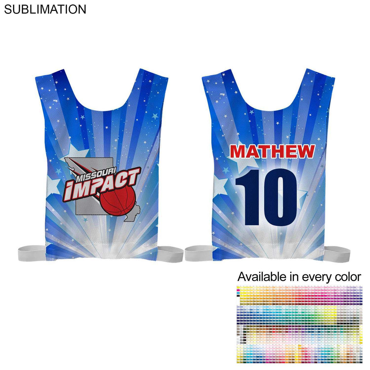Domestic Made Athletic, Breathable Mesh Adult Sports Pinnie, Sublimated Front and Back