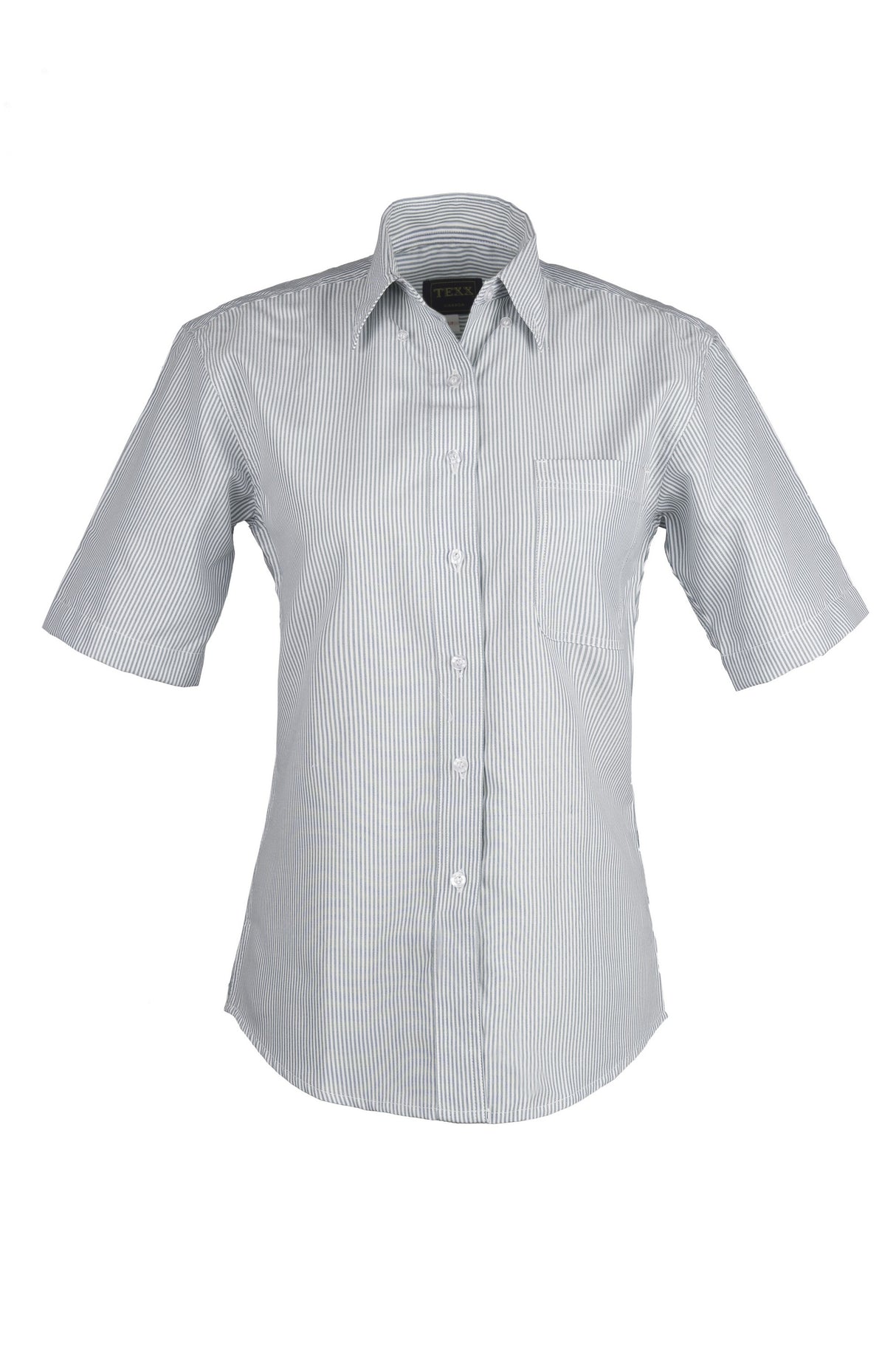 Ladies Cotton Blend Oxford Striped Short Sleeve Shirt (BLACK) (XS-3XL)