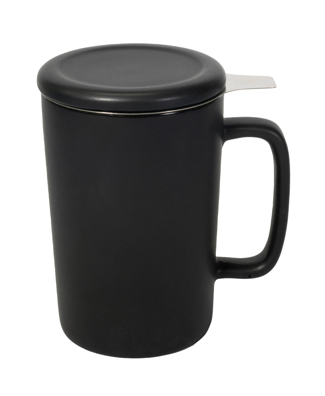 Ceylon 13oz black ceramic mug with lid & stainless steel tea strainer in Ripple gift box