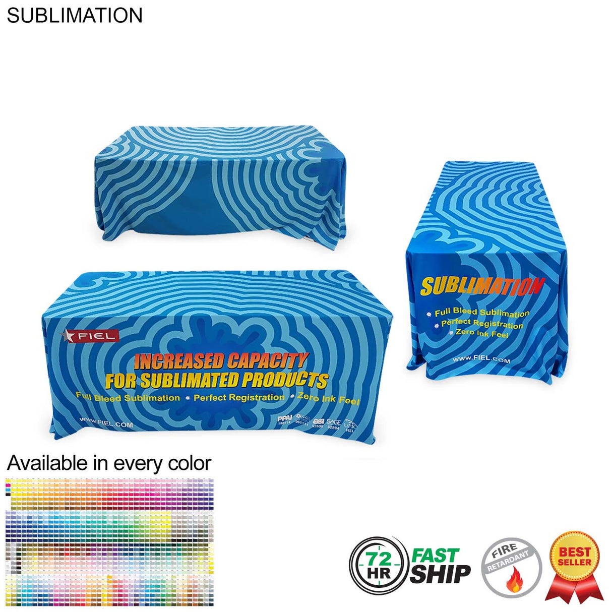 72 Hr Fast Ship - Sublimated Table Cloth for 6' table, Drape style, 4 sided, Closed Back