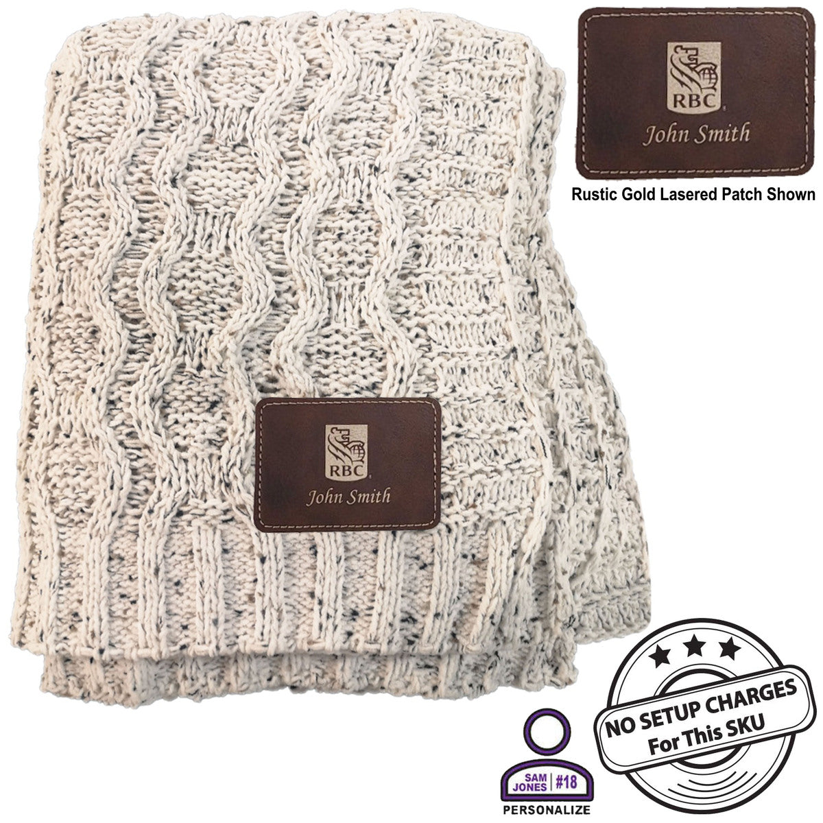Personalized Heather Cable Knit Chenille Blanket, 50x60, with Lasered logo patch, NO SETUP CHARGE