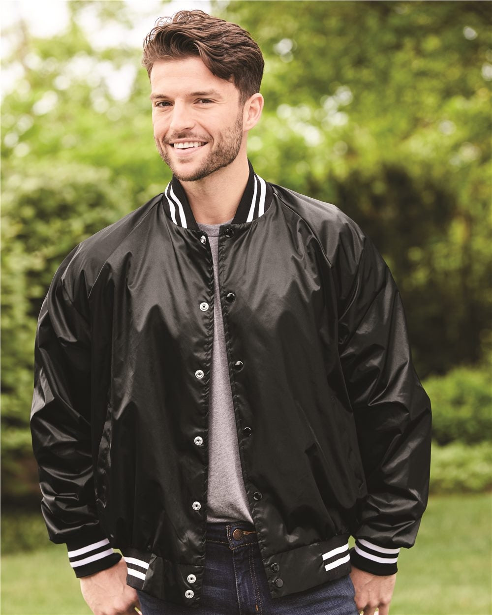 Augusta Sportswear Satin Baseball Jacket w/Striped Trim