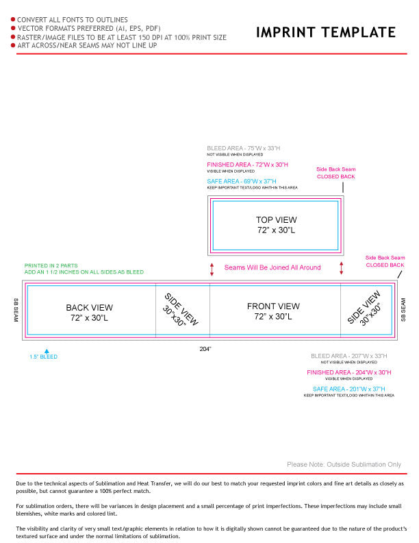 Sublimated Box Style Fitted Tablecloth for 6' Table, 4 sided, Closed Back