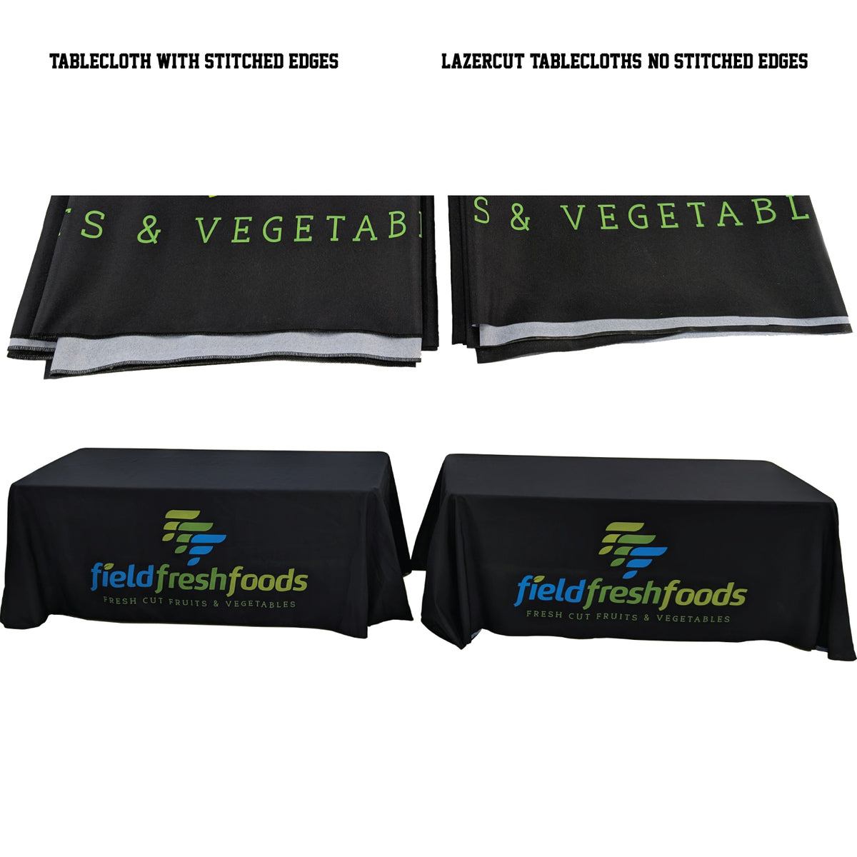 24Hr Express Ship - 6' LazerCut 3-Sided PREMIUM Sublimated Tablecloth, Drape Style, Open Back