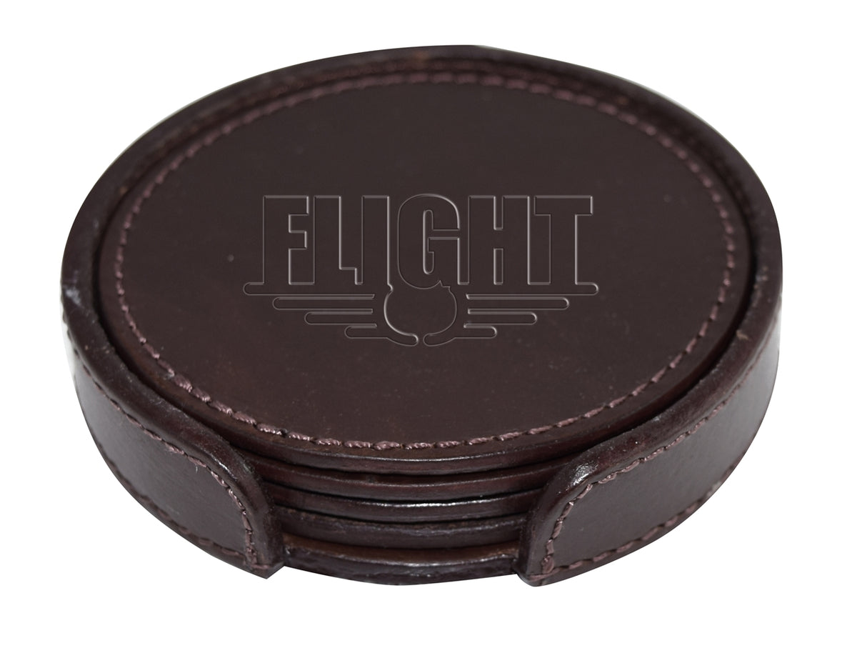Set of 4 Genuine Leather Round Coasters with Stitched Edge in Holder - brown