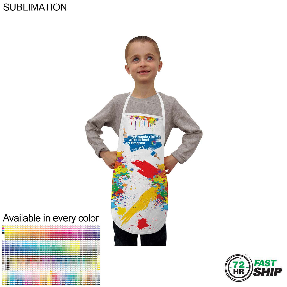 72 Hr Fast Ship - Domestic made Kids Bib Apron, 17x19, No Pockets, Sublimated