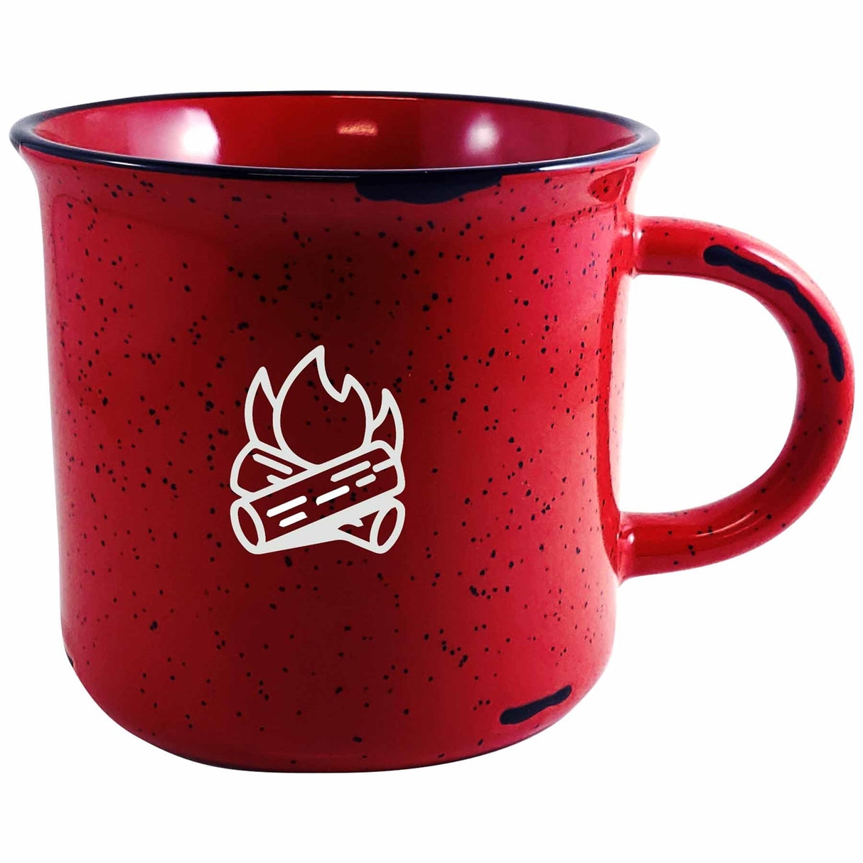Campfire 16oz red mug with black distress trim white speckles in Ripple gift box