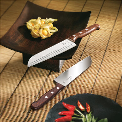 7'' Wood Santoku Knife w/Granton Blade
