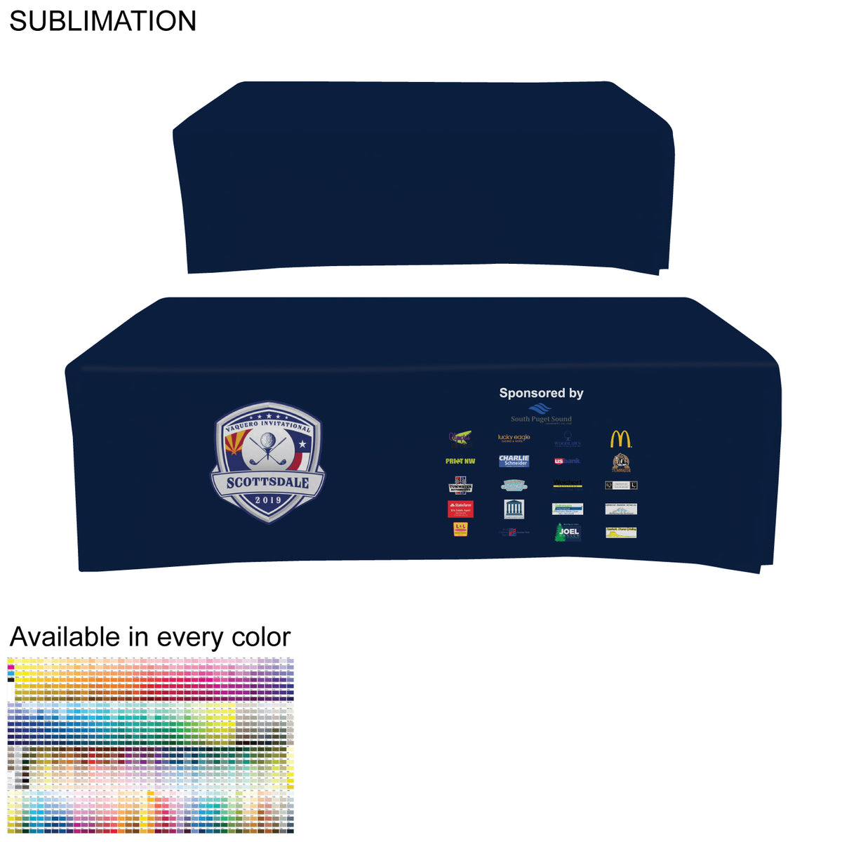 Outdoor Use Sublimated Box style Fitted tablecloth for a 8' Table, Closed back