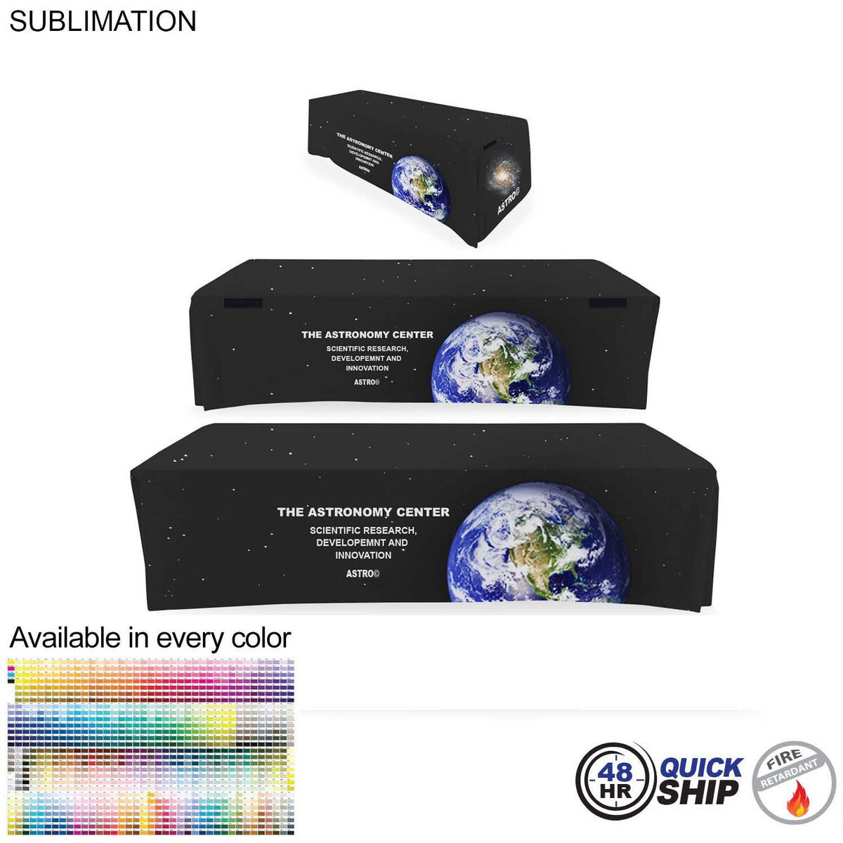 48 Hr Quick Ship - Sublimated Convertible Table Cloth, Converts from 8' to 6', Drape style, 4 sided