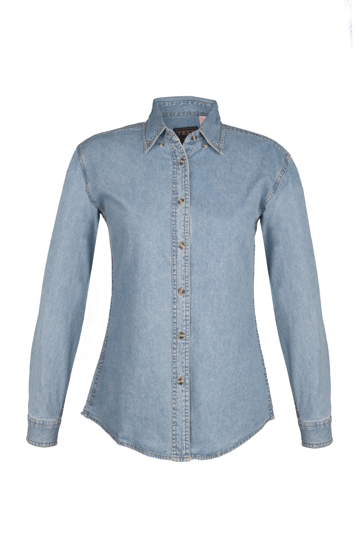 Ladies Long Sleeve Pocketless Gold Top Stitch Denim Shirt (XS-2XL)