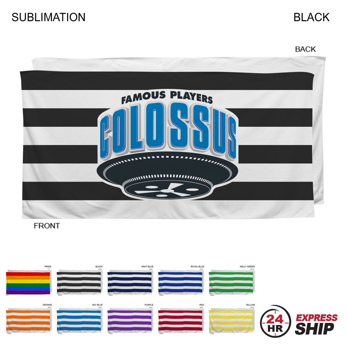 24 Hr Express Ship -Cabana Stripe Sublimated, Heaviest Weight, Plush Velour Terry Beach Towel, 30x60