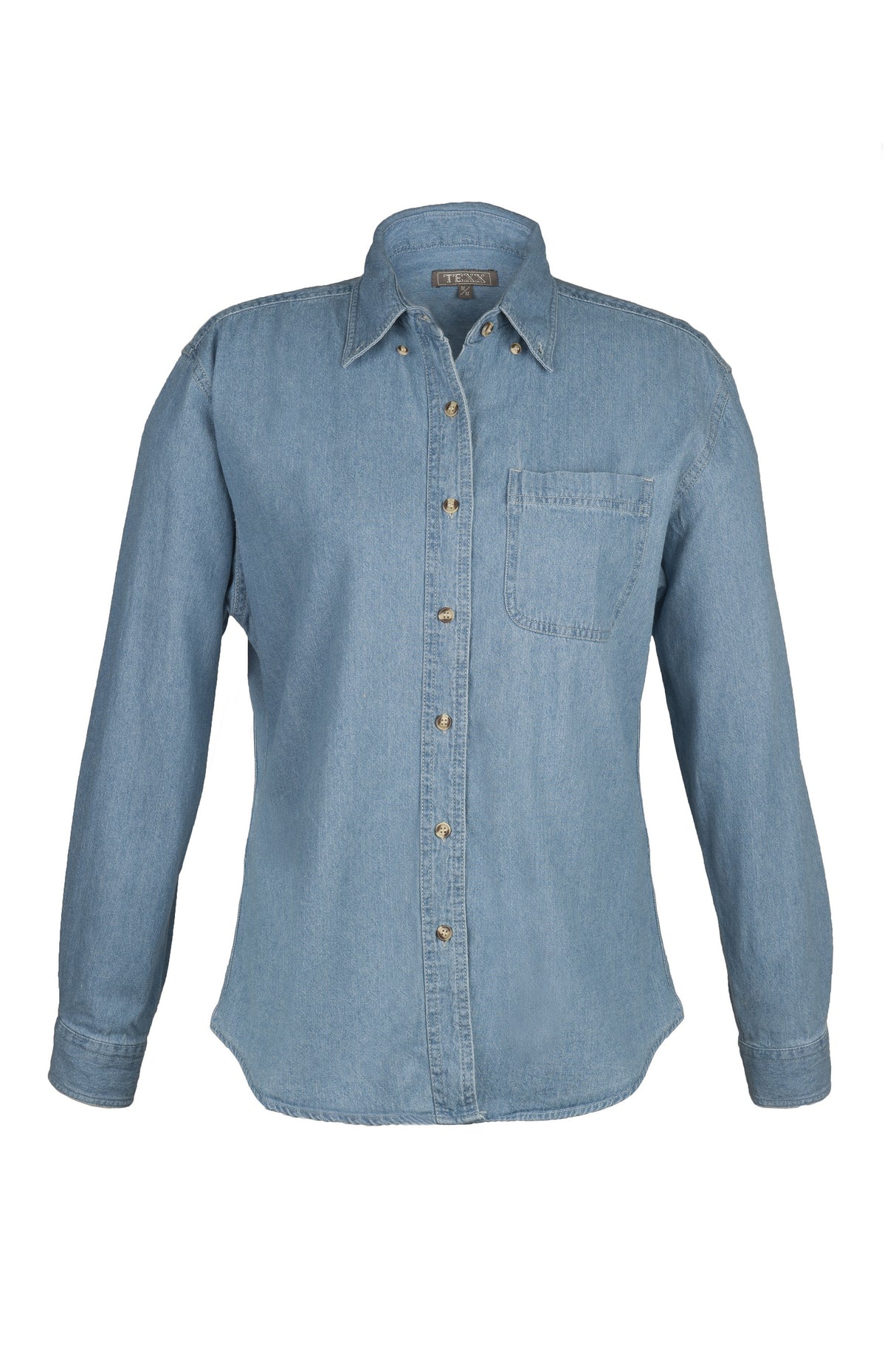 Ladies Long Sleeve Single Pocket Light Denim Shirt (XS-3XL)