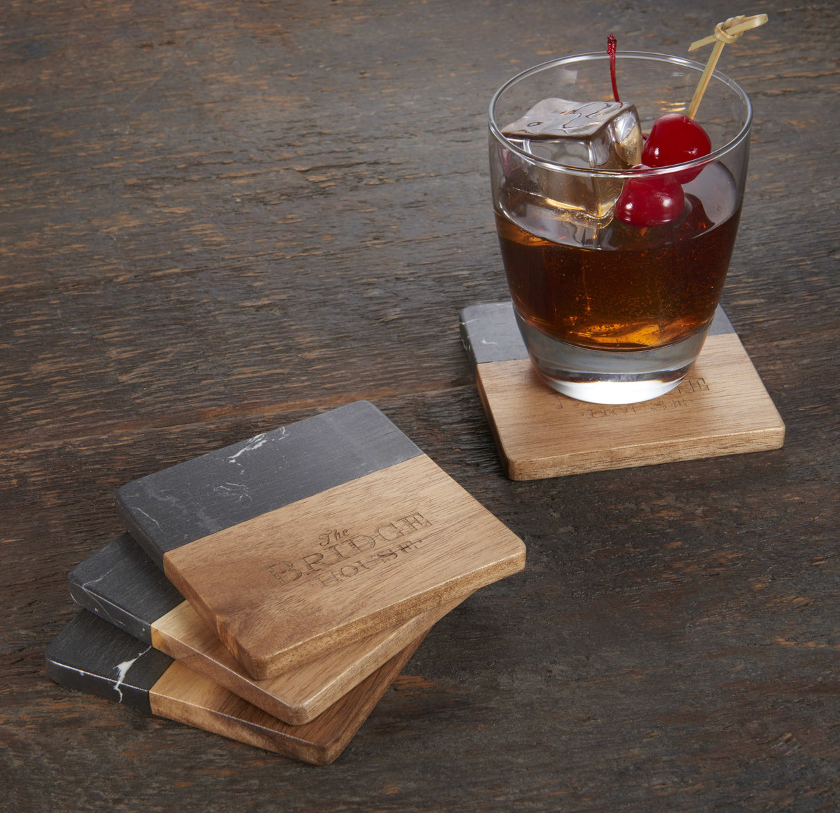 Black Marble and Wood Coaster Set
