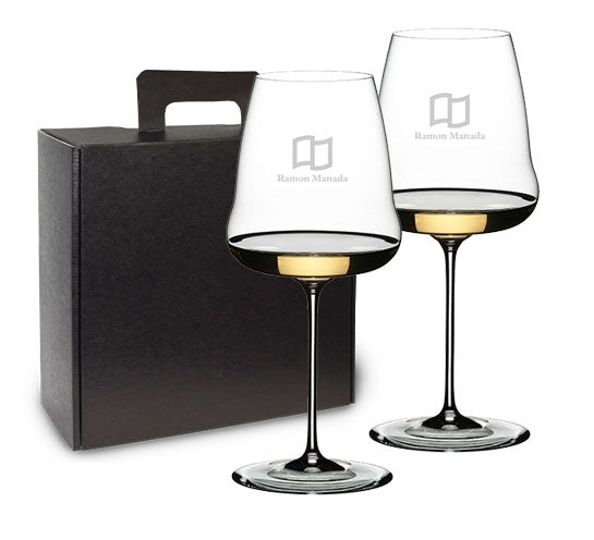 ~WineWings Oaked Chardonnay, 24.88oz RIEDEL crystal stemmed glass S/2 in a Raven black gift box
