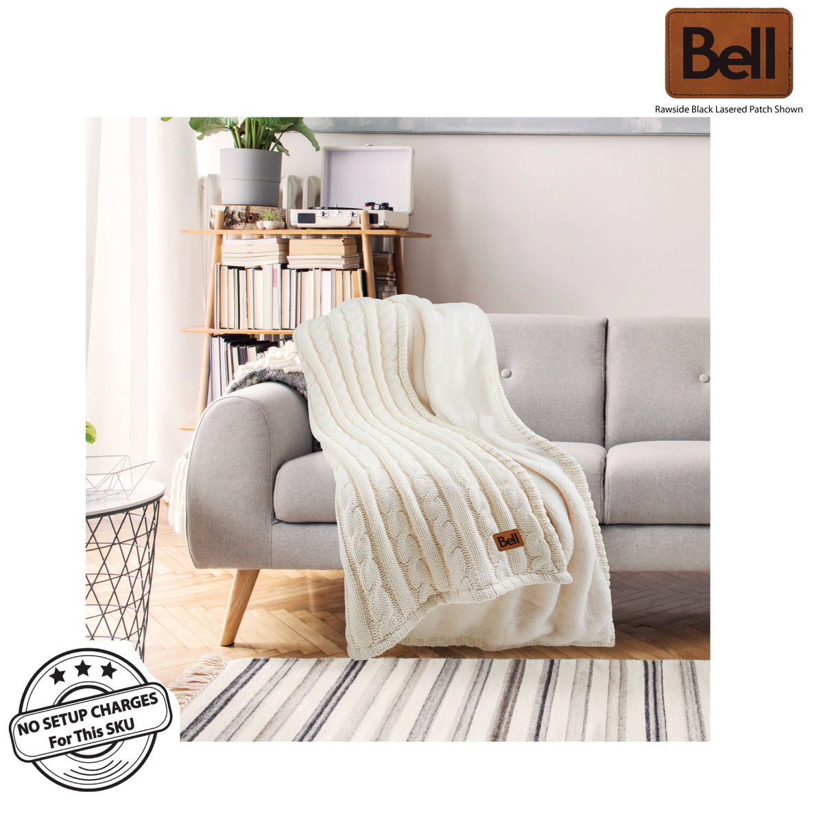 72 Hr Fast Ship - Premium Cable Knit Cotton Throw, 50x60, with Lasered logo patch, NO SETUP CHARGE