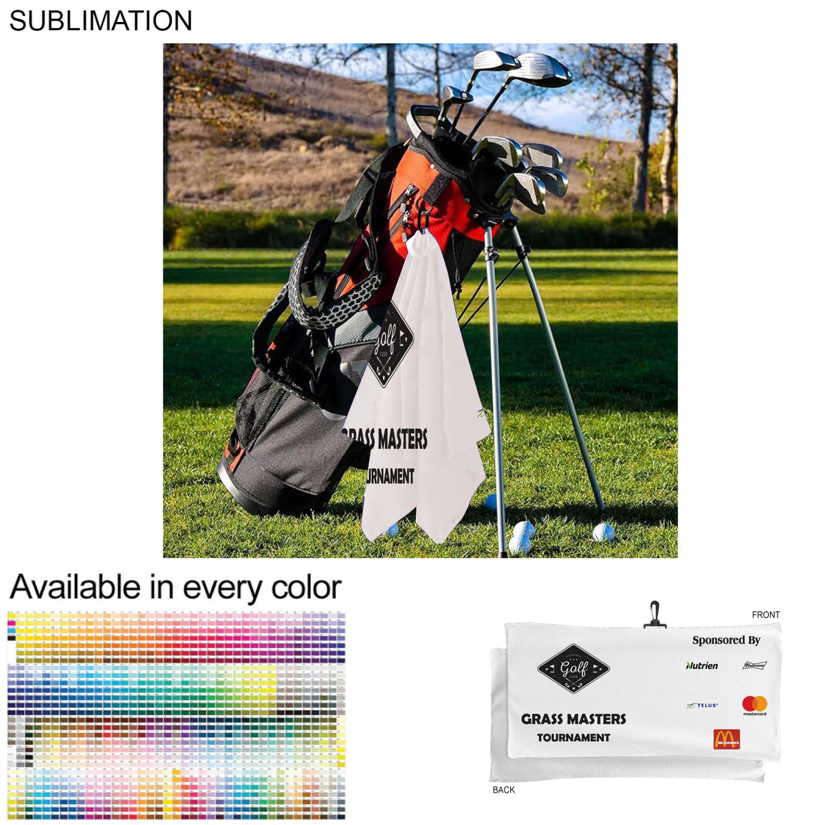 48 Hr Quick Ship - Oversized Golf Towel in Microfiber Terry, 22x44, with Black Hook, Sublimated