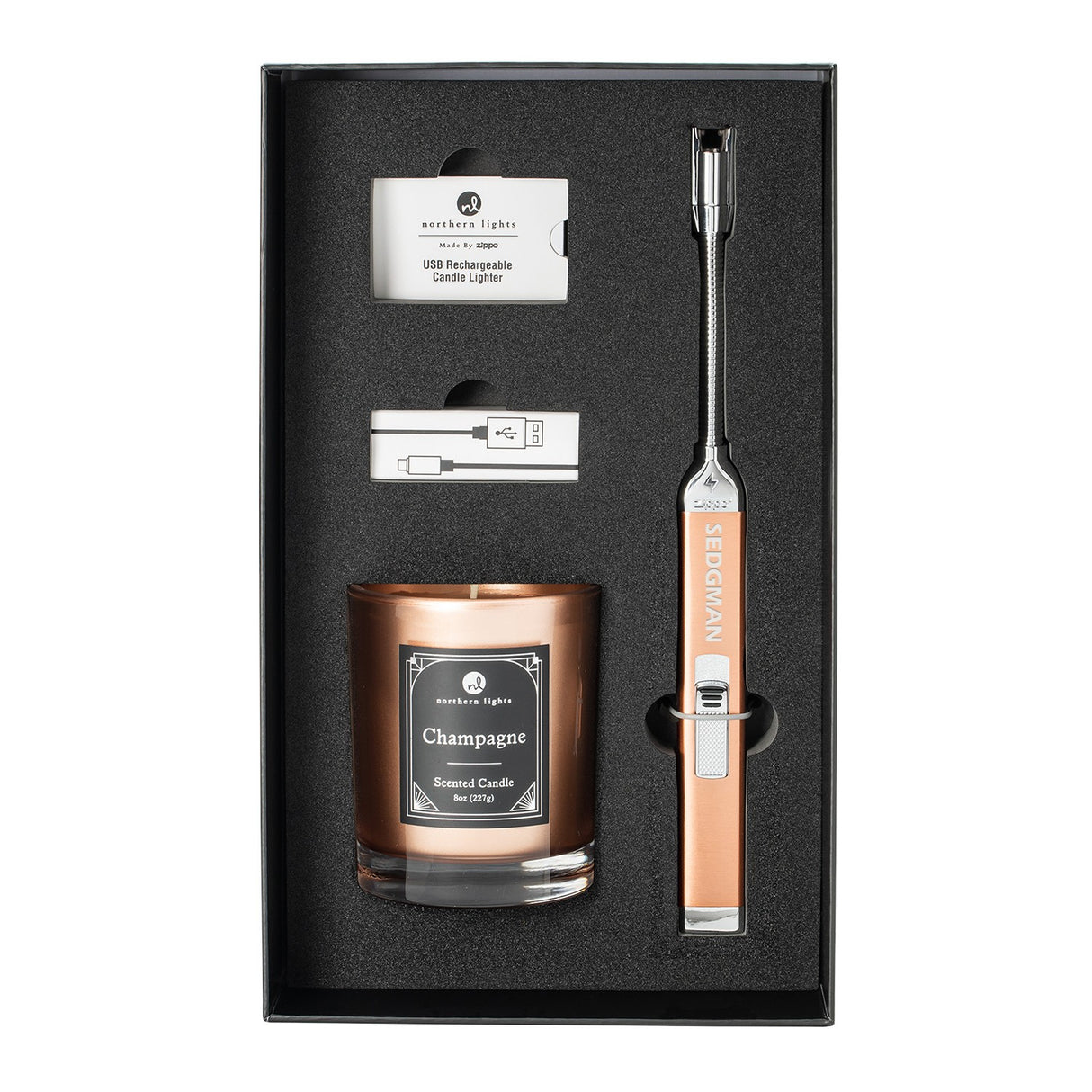 Zippo® Rose Gold Rechargeable Candle Lighter & 8 oz Champagne Candle Gift Set
