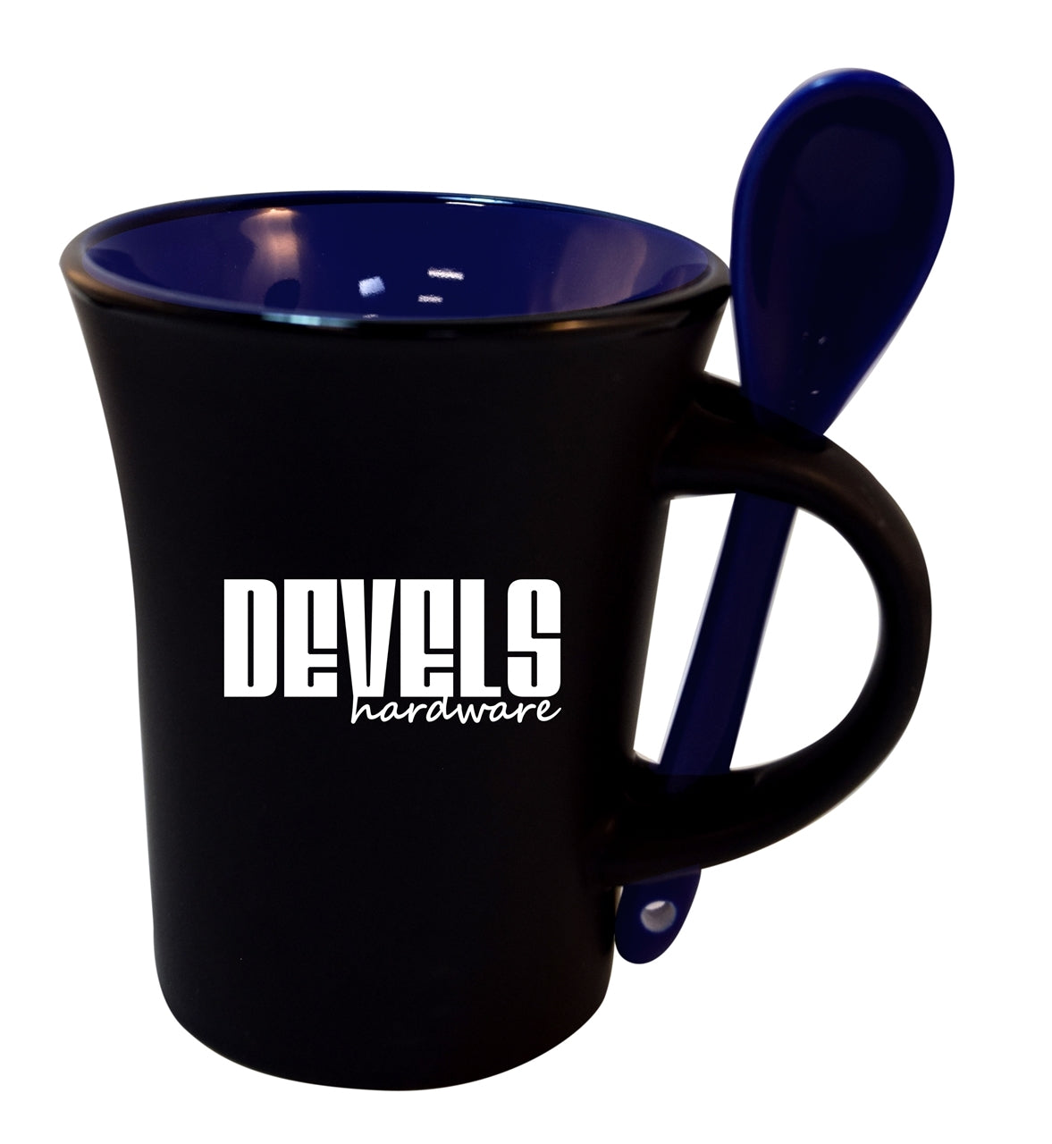 Hilo 10oz ceramic mug matte black with glossy cobalt interior, cobalt spoon