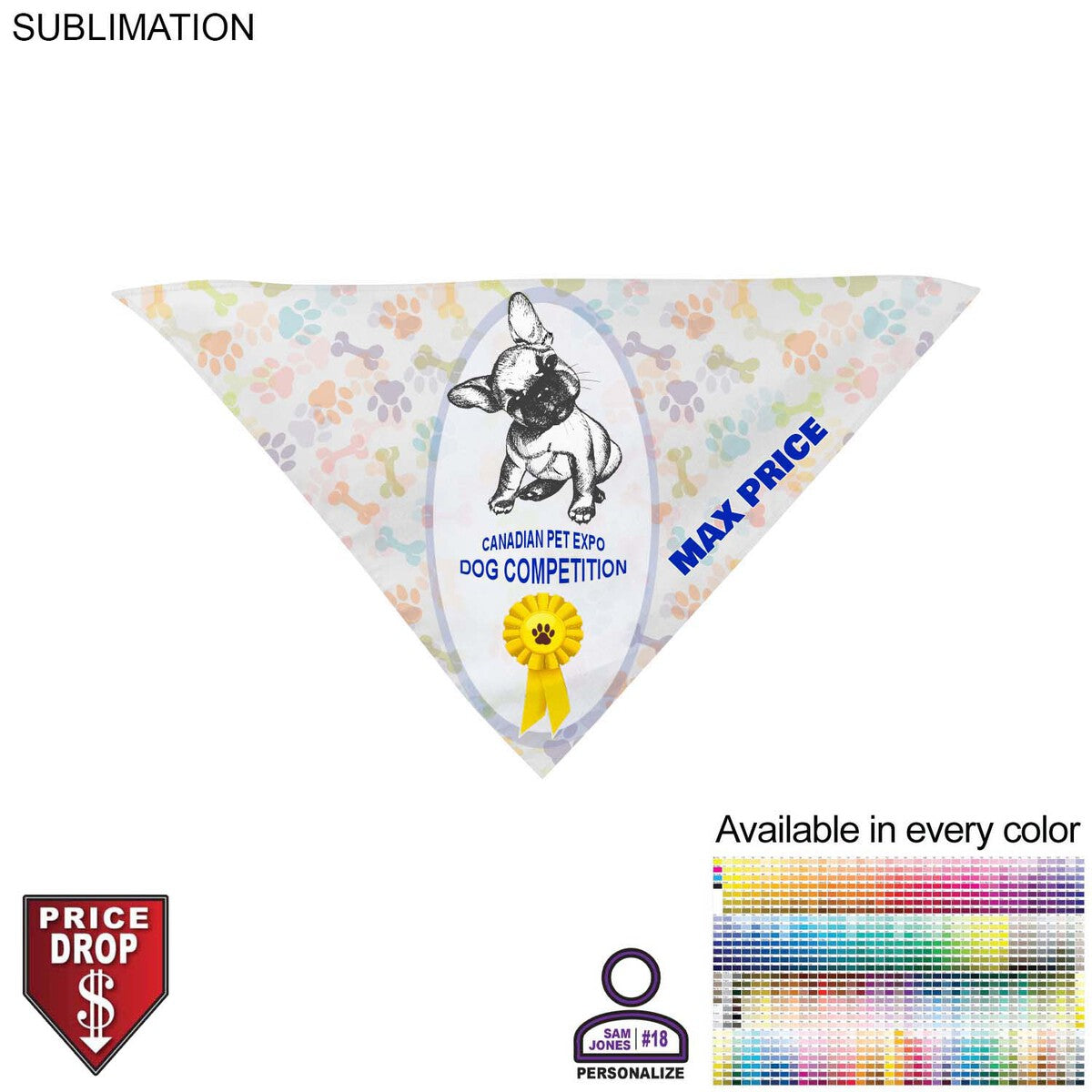Personalized Large Dog Bandana, 32x22x22, Stitched Edges, Sublimated Edge to Edge