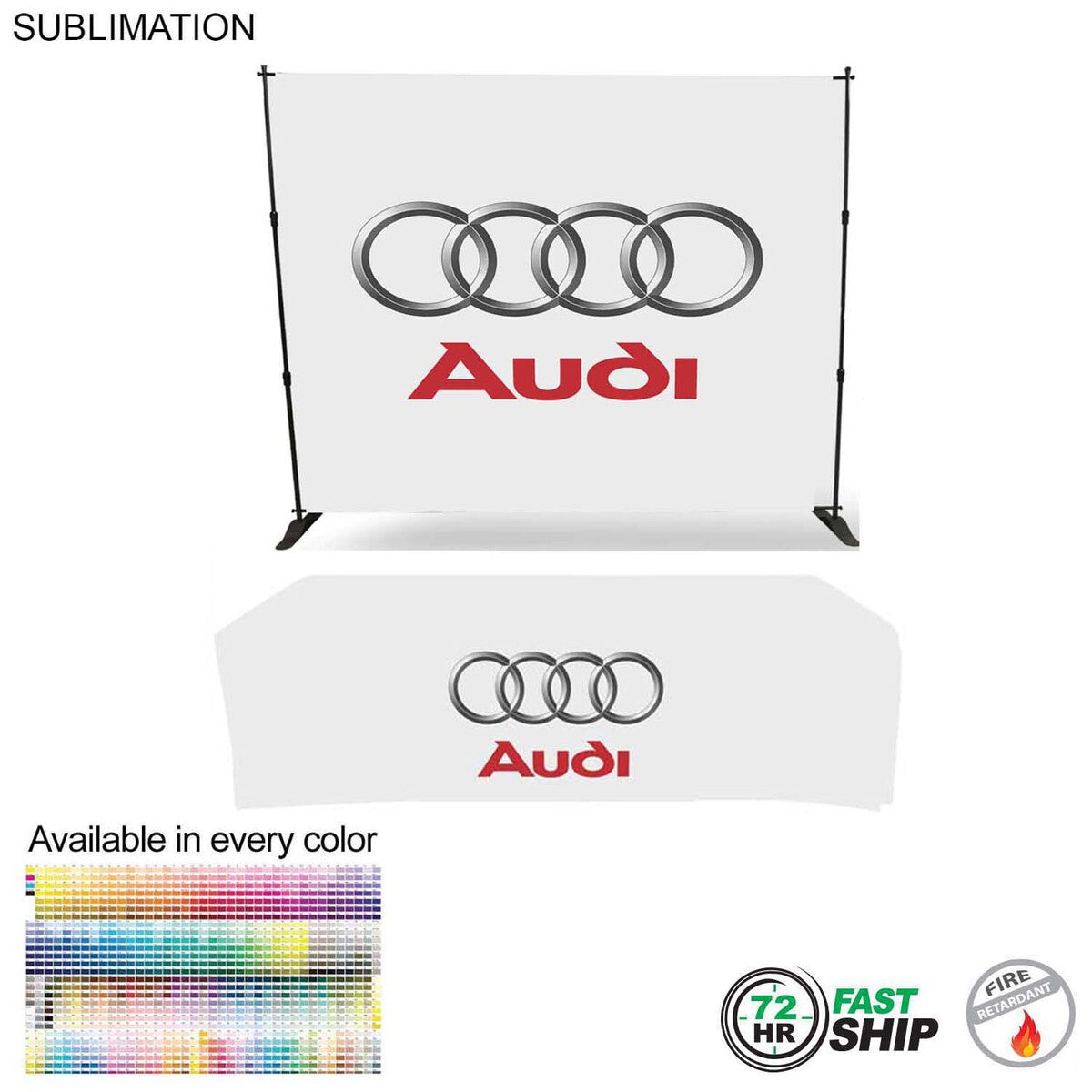 48Hr Quick Ship- Tradeshow Booth Package, 10' Expanding Display and 8' Sublimated PREMIUM Tablecloth