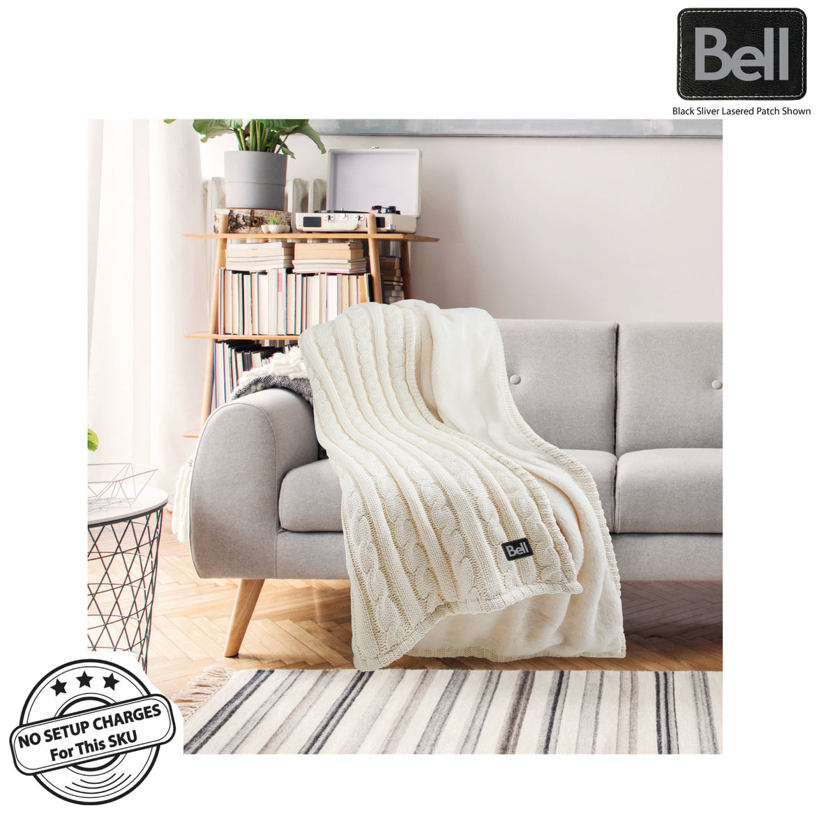 24 Hr Express Ship -Premium Cable Knit Cotton Throw, 50x60, with Lasered logo patch, NO SETUP CHARGE