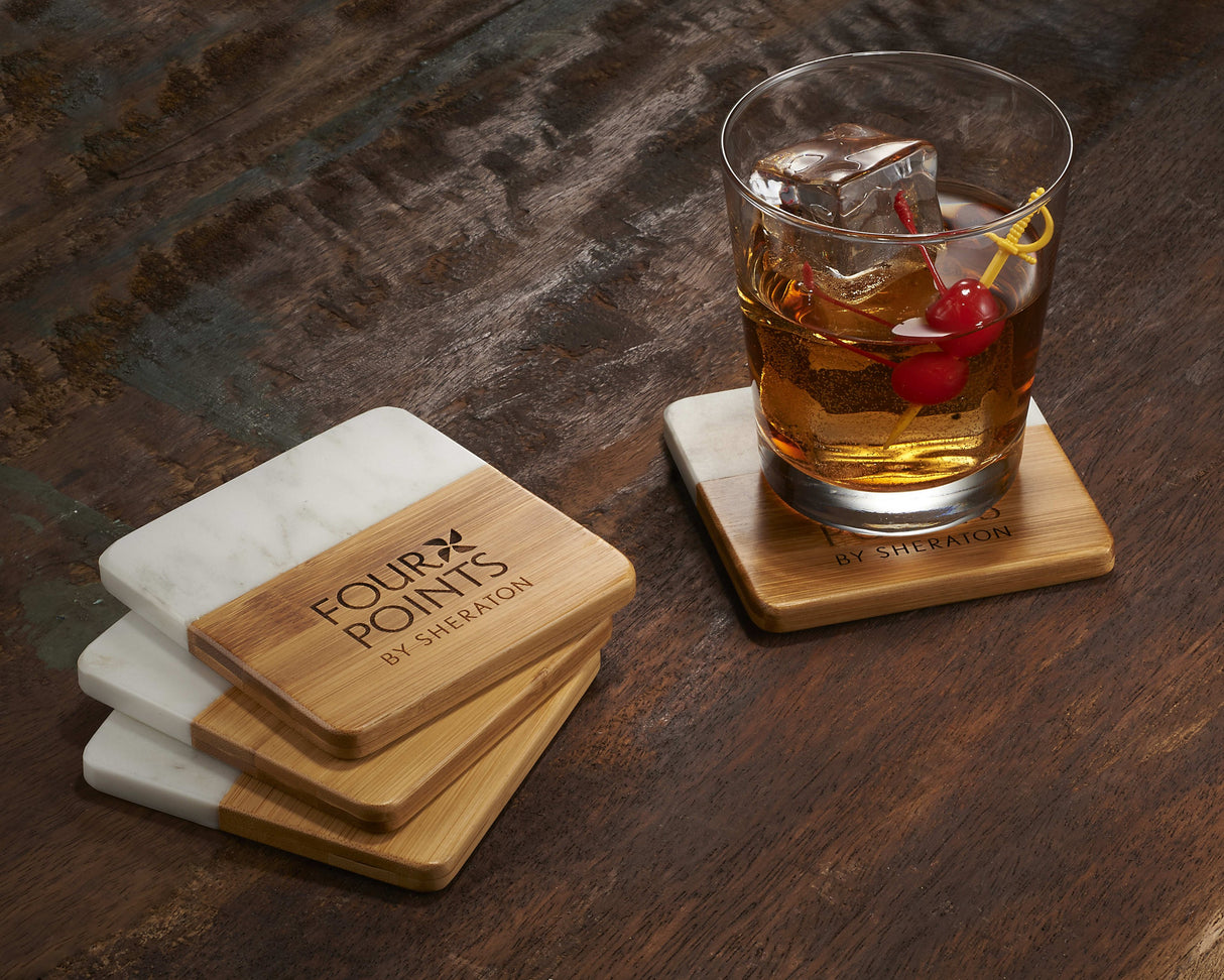 Marble and Bamboo Coaster Set