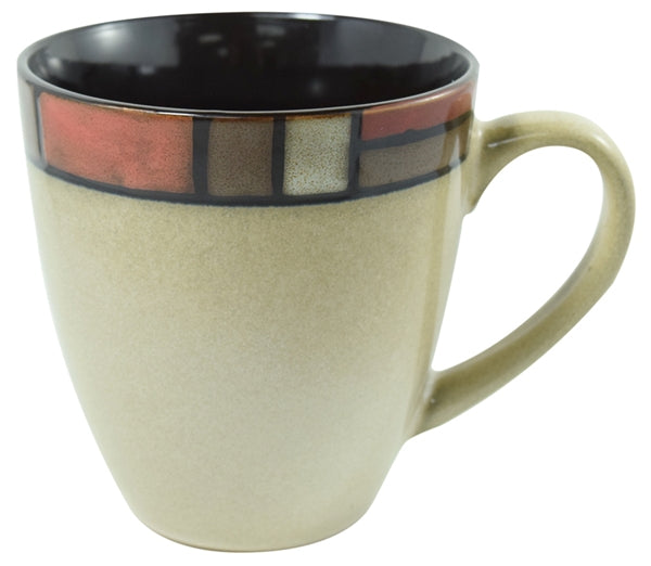 Ravenna 16oz cream reactive mug with red mosaic trim in Ripple box