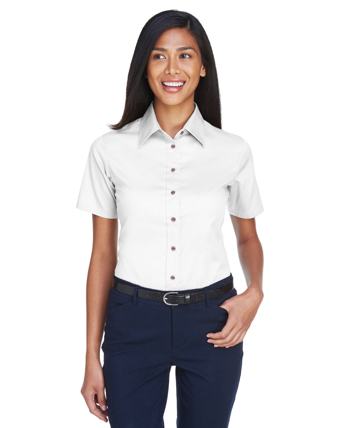Harriton Ladies' Easy Blend? Short-Sleeve Twill Shirt with Stain-Release