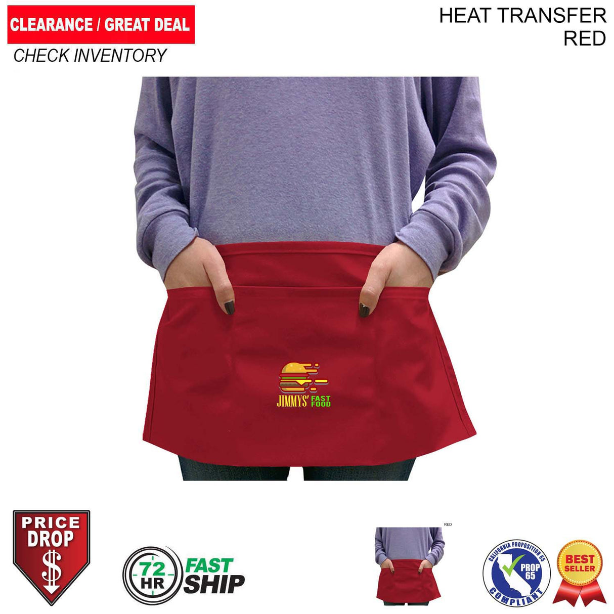 72 Hr Fast Ship - Discounted Bar Twill Waist Apron, 20x10, 3 Pockets, Heat Transfer logo