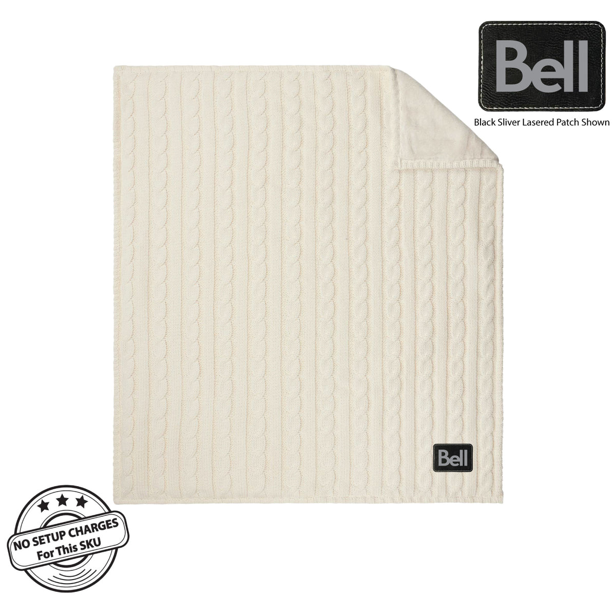 48Hr Quick Ship - Premium Cable Knit Cotton Throw, 50x60, with Lasered logo patch, NO SETUP CHARGE