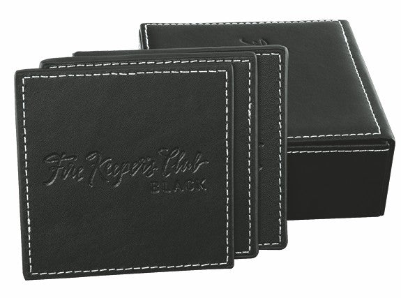 Set of 6 square coasters with holder black with white stitch