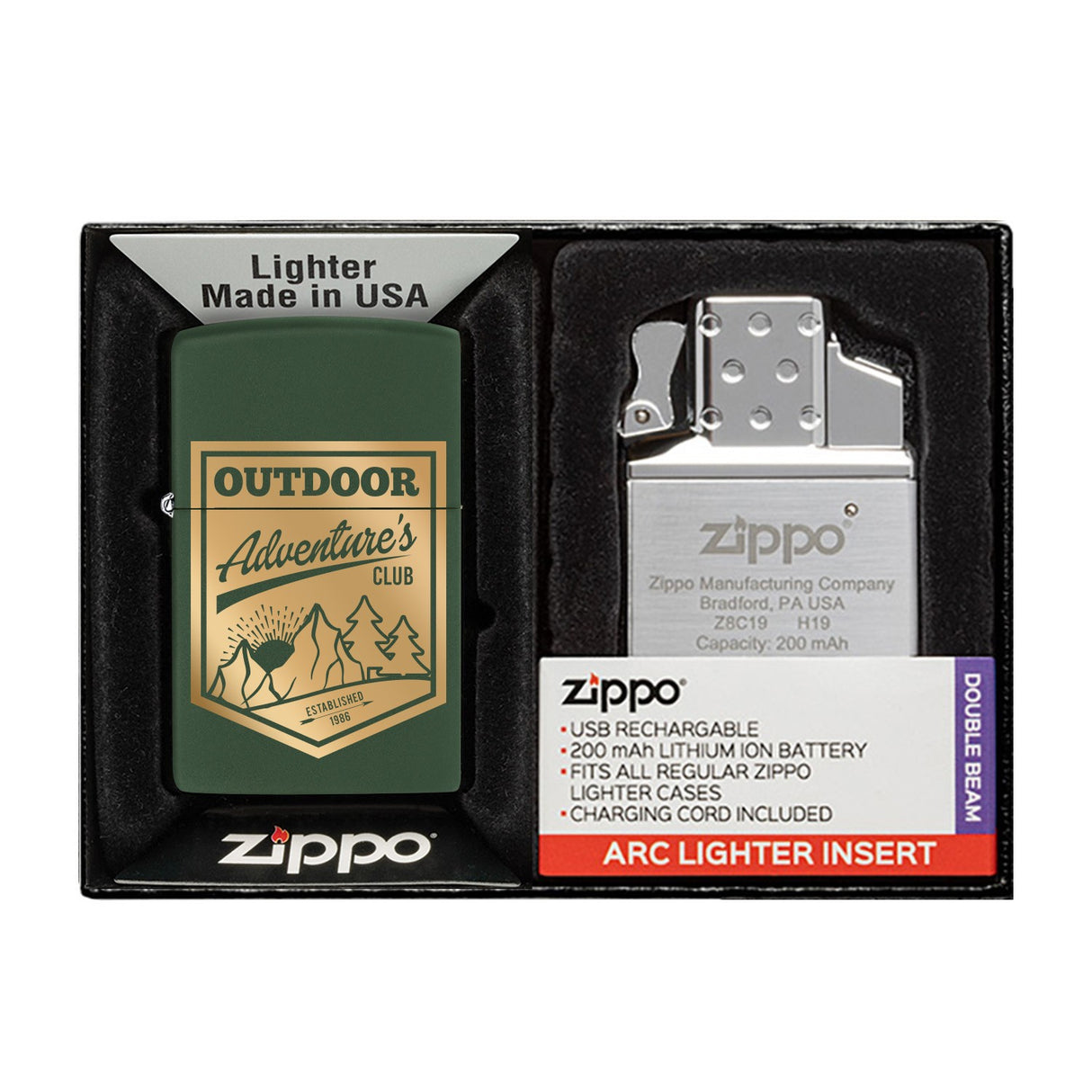 Matte Zippo® Lighter & Rechargeable Electric Lighter Insert Gift Set