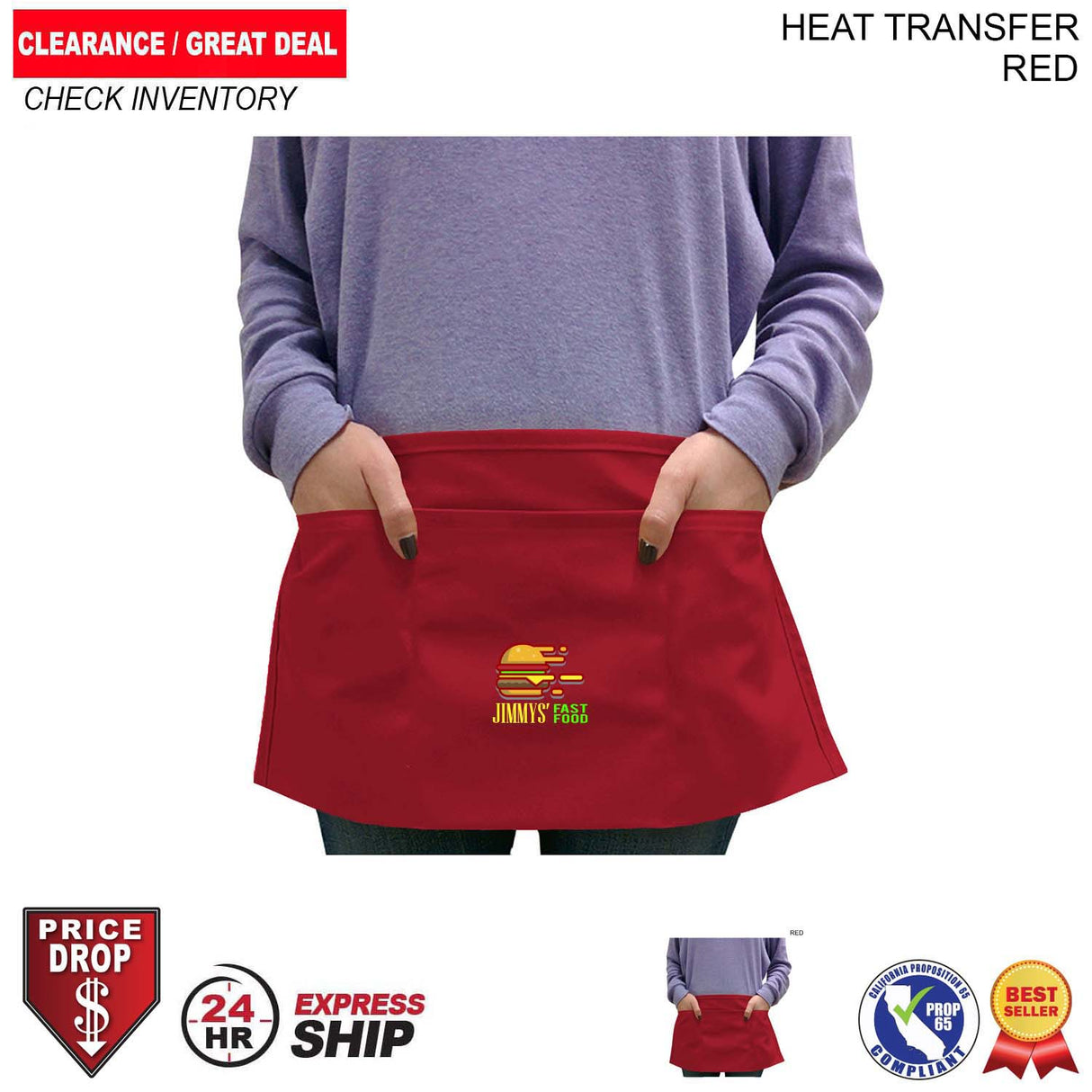 24 Hr Express Ship - Discounted Bar Twill Waist Apron, 20x10, 3 Pockets, Heat Transfer logo