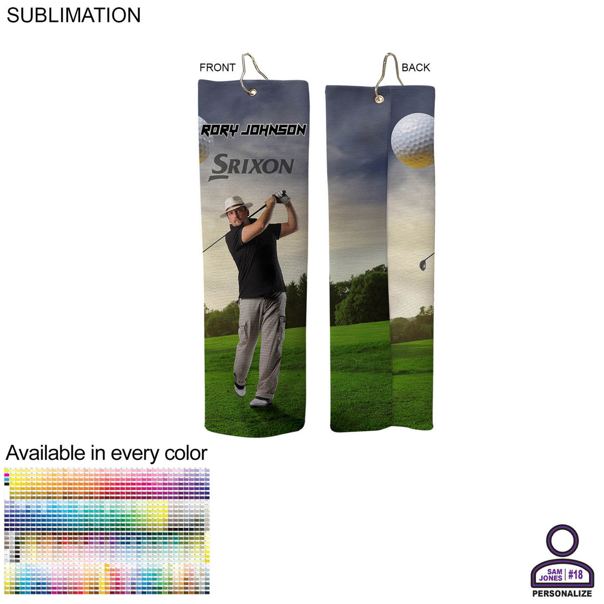 Personalized Microfiber Dri-Lite Terry Golf Towel, 18" Length, Trifold Grommet & Hook, Sublimated