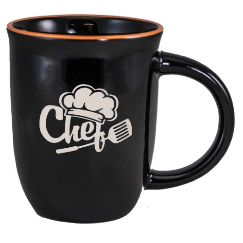 Salem 14oz black gloss mug with orange trim - Etched
